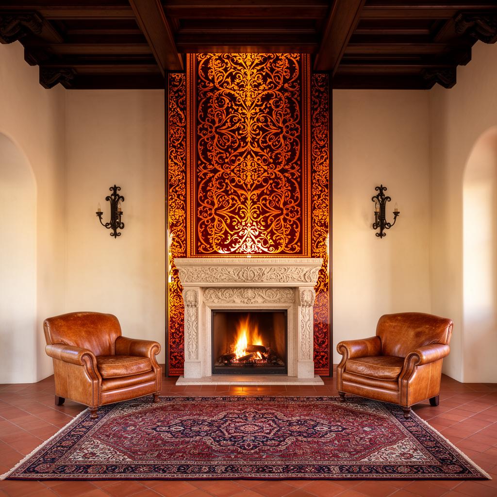 Sarasota 1920's Mediterranean Revival living room with a back-painted decorative glass fireplace surround in warm amber and oxblood tones