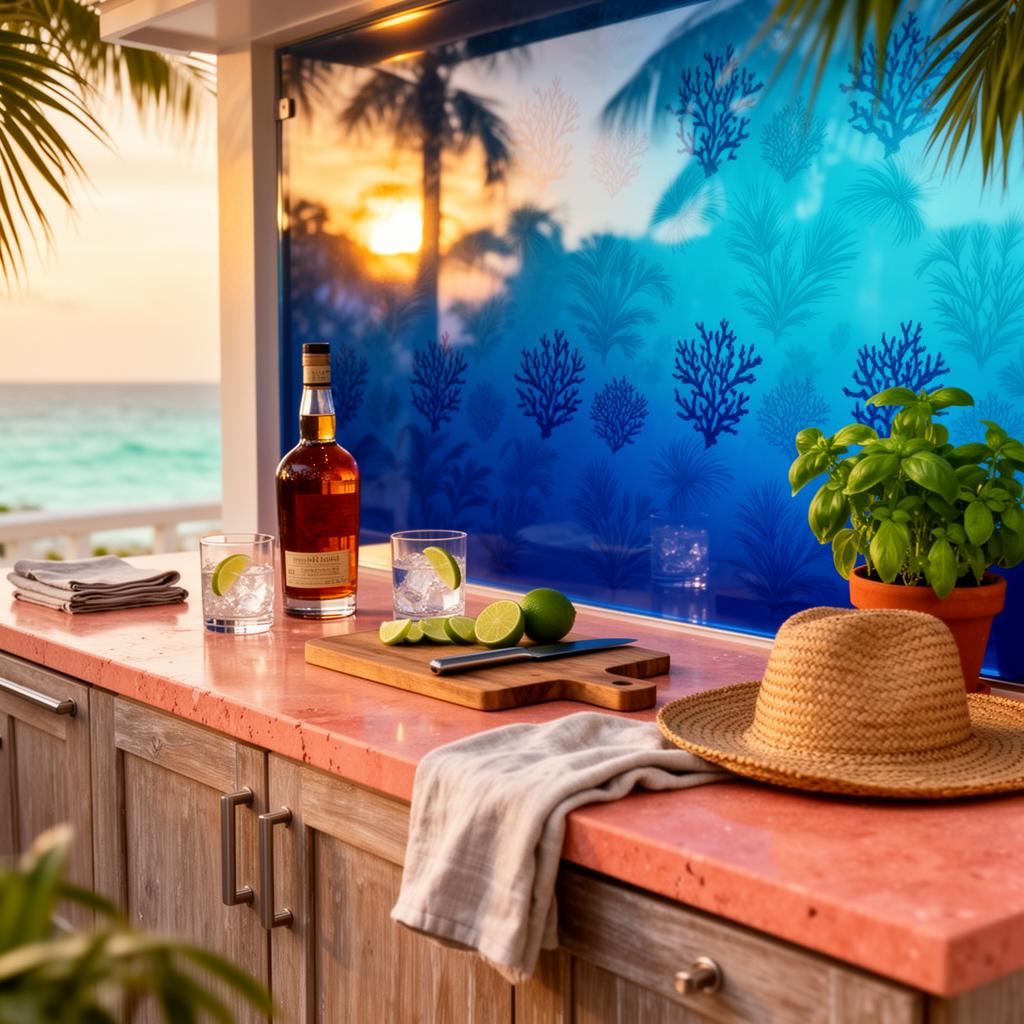 Islamorada oceanfront outdoor wet bar with a back-painted decorative glass splash in deep ocean blue with a crisp printed tropical pattern and golden-hour reflections, coral stone counter, and lived-in bar styling