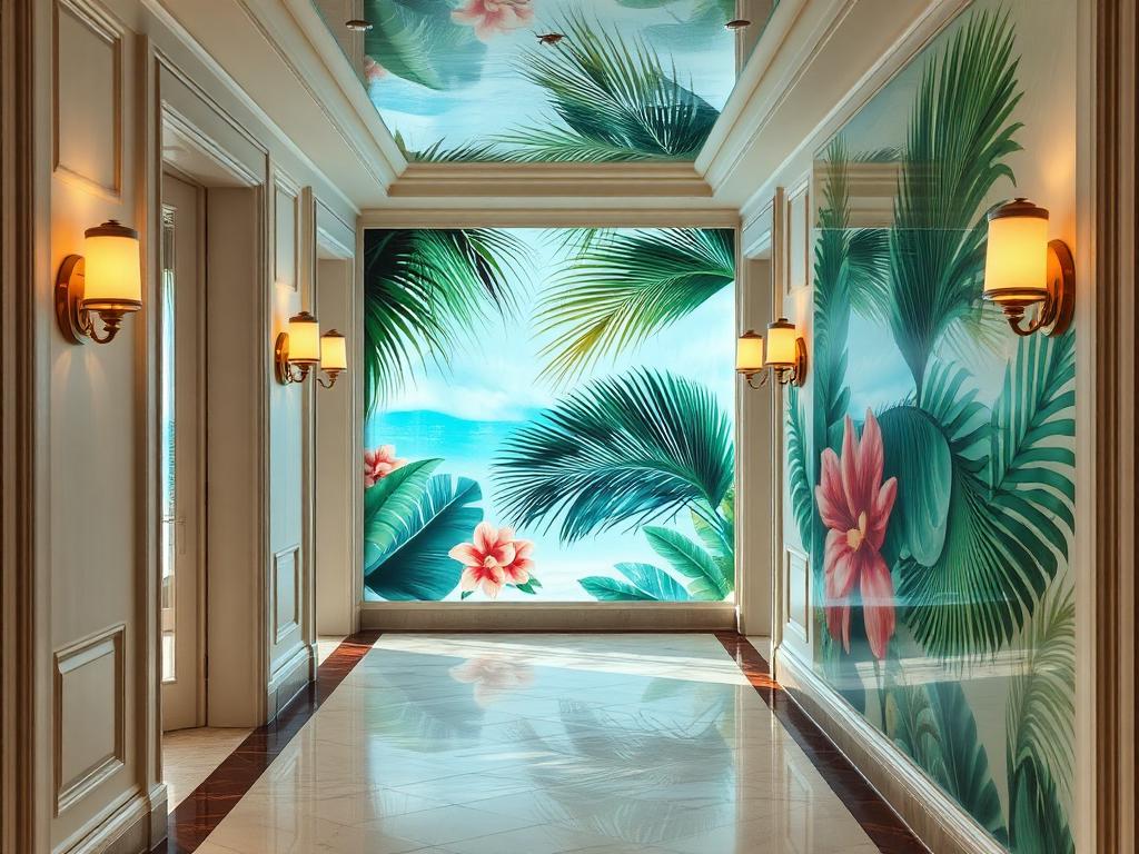 Florida Keys boutique resort corridor with a large printed decorative glass mural wall in painterly tropical botanicals