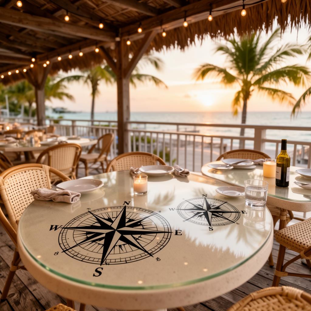 Florida Keys waterfront restaurant terrace with round printed decorative glass tabletops, each featuring a unique nautical compass-rose medallion, surrounded by natural wicker dining chairs under a semi-covered thatch roof