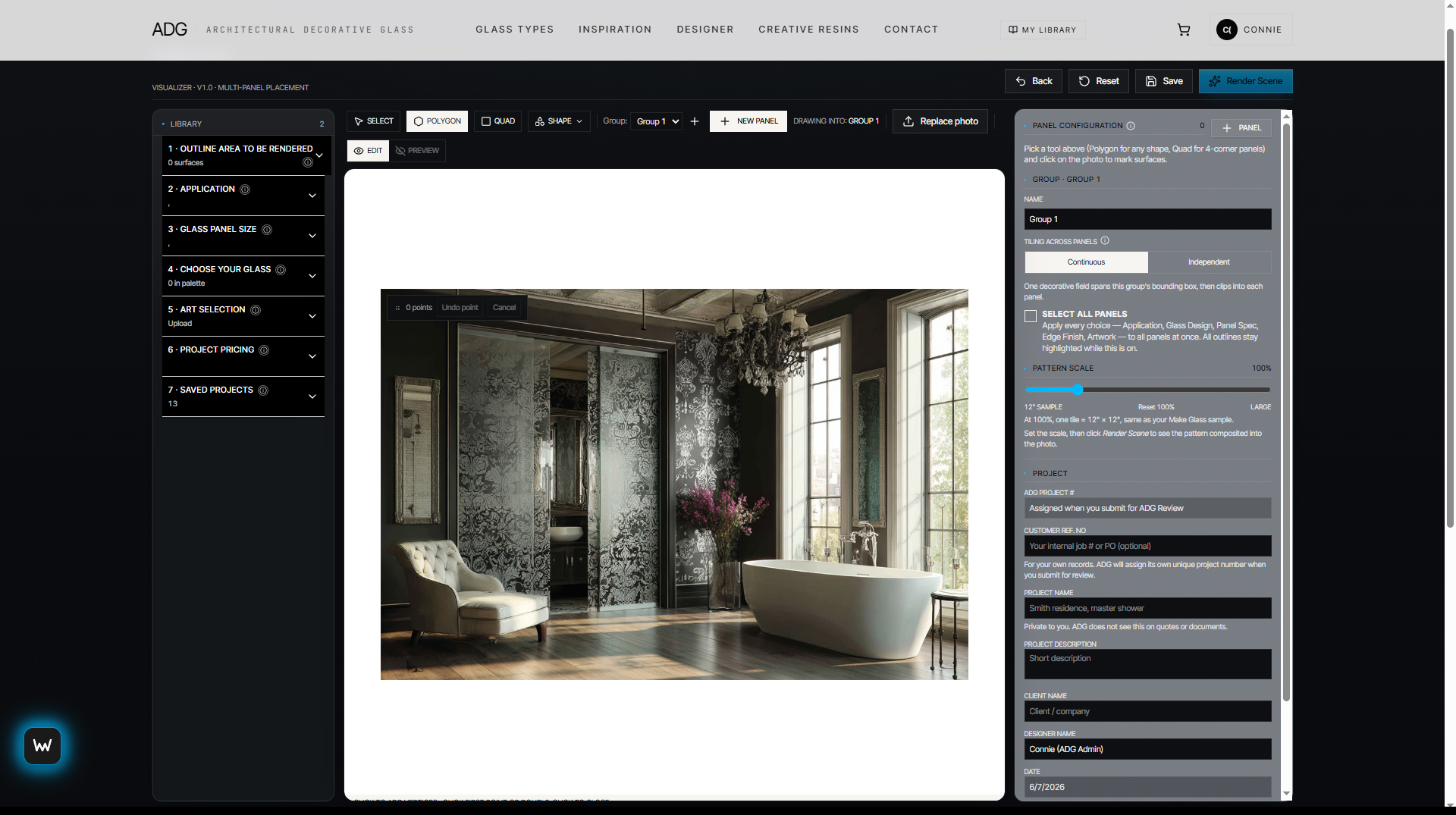 ADG Designer in-browser tool showing a decorative glass panel composed over a Tallahassee interior scene