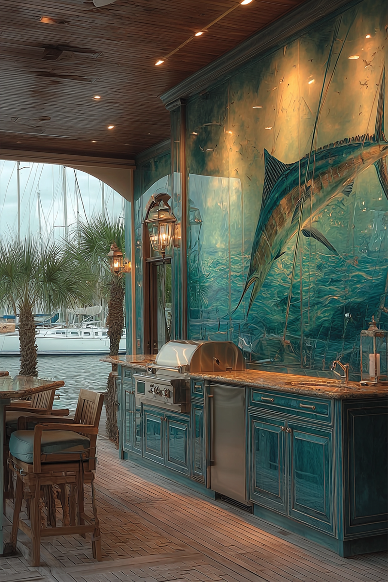 Modern Tampa Bay waterfront outdoor kitchen with a full-height back-painted printed decorative glass backsplash featuring an abstract painterly rendering of a blue marlin