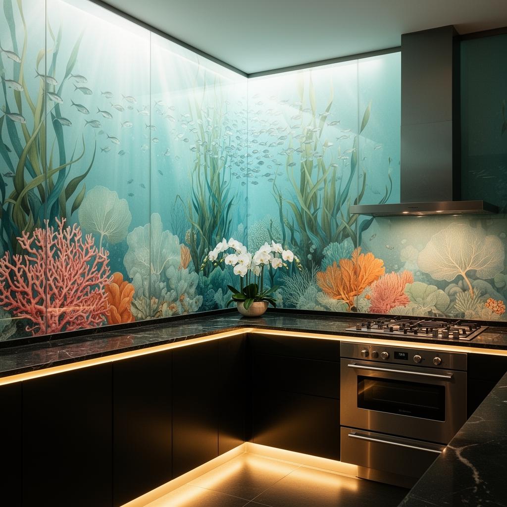 Clearwater Beach coastal home open kitchen with a back-painted decorative glass backsplash in soft sea-glass tones