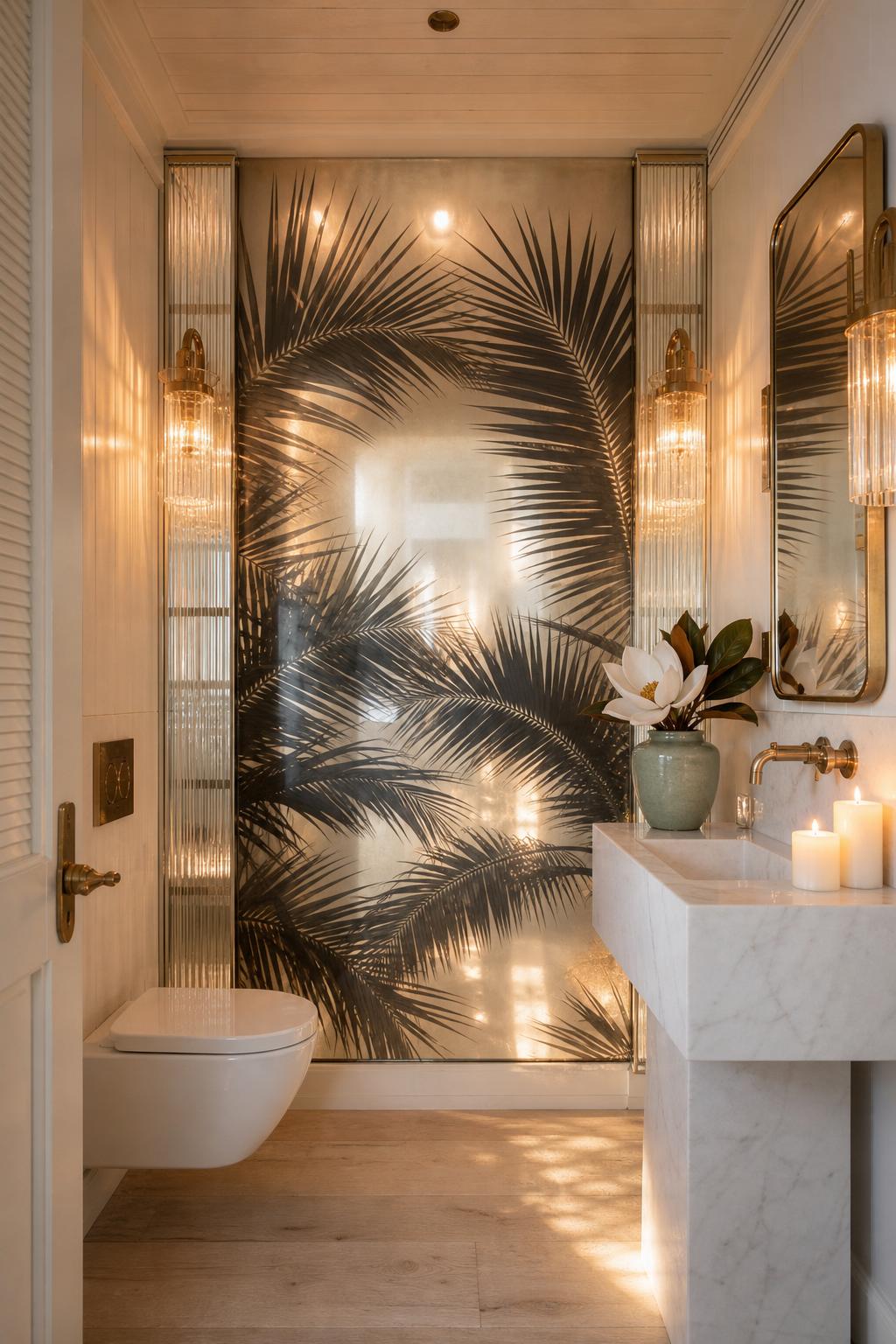 Key West–inspired powder room with a full-height seamless printed decorative glass feature wall in a dramatic large-scale tropical palm pattern over a warm champagne-silvered base, flanked by vertical fluted clear glass panels, crystal-and-brass pendant sconces, honed marble pedestal sink with brass fixtures, and a bleached wide-plank floor