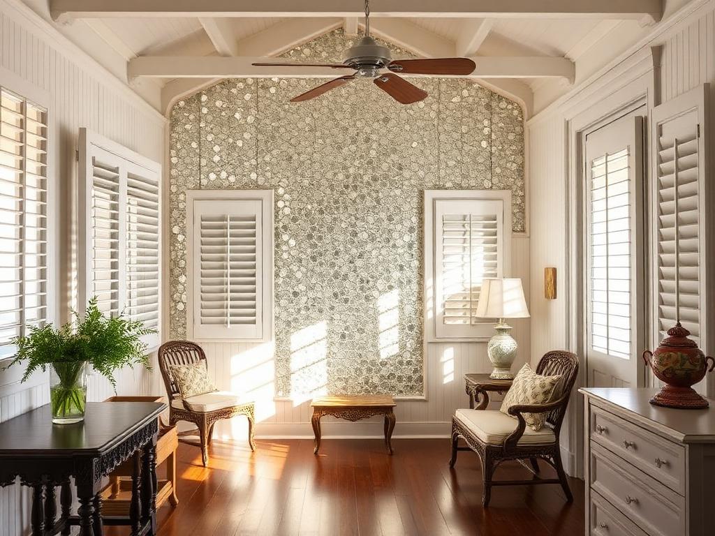 Old Town Key West conch cottage interior with a textured antique-mirror decorative glass feature wall, white bead-board, and louvered shutters