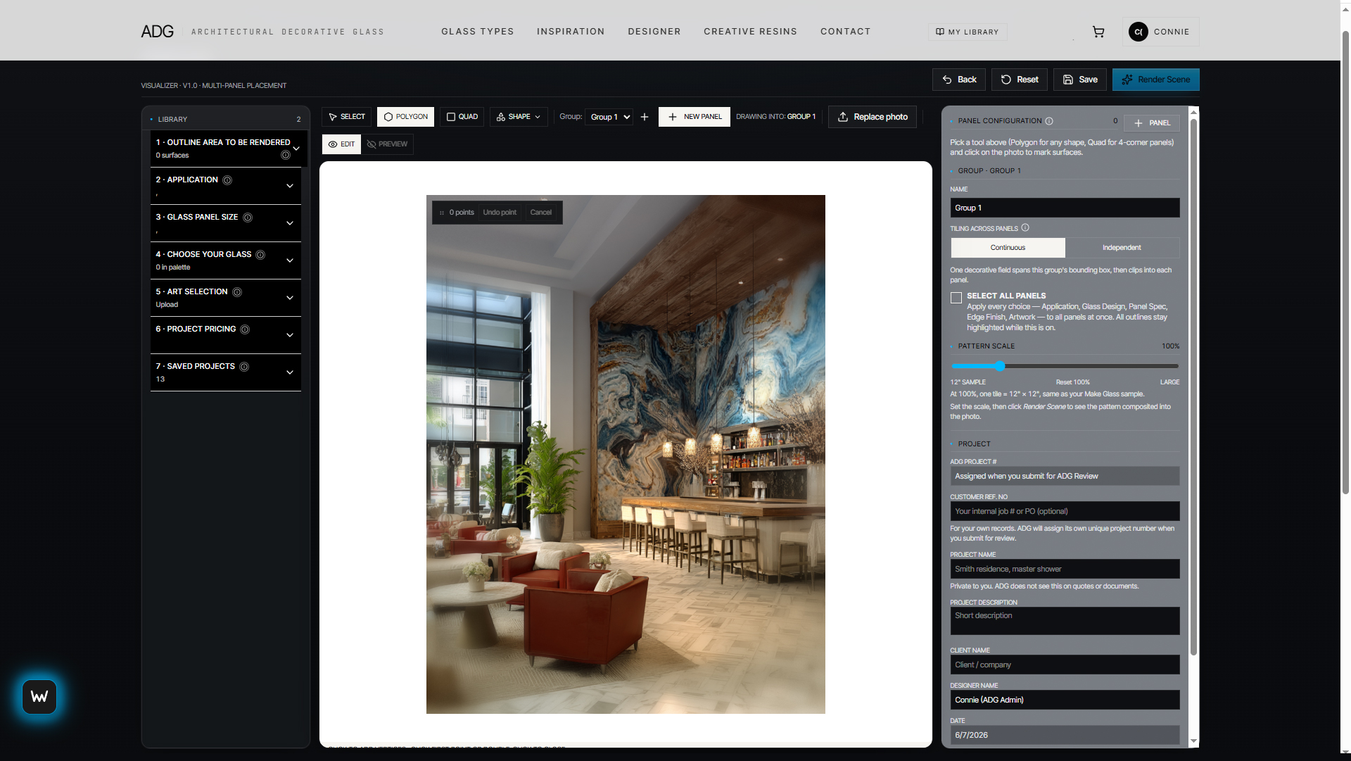 ADG Designer in-browser tool showing a decorative glass panel composed over a Jacksonville interior scene