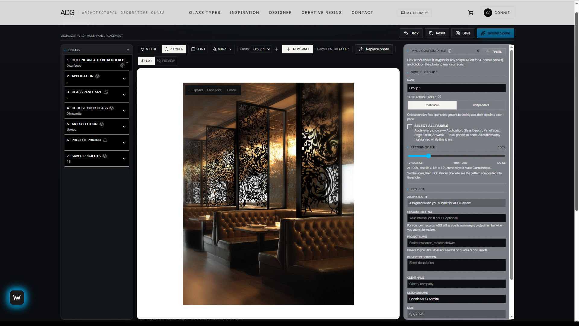 ADG Designer in-browser tool showing a decorative glass panel composed over a Tampa Bay interior scene