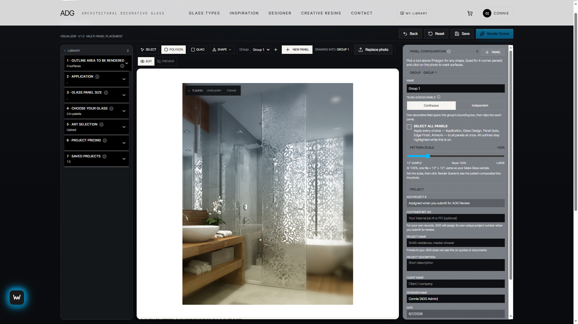 ADG Designer in-browser tool showing a decorative glass panel composed over an Orlando interior scene