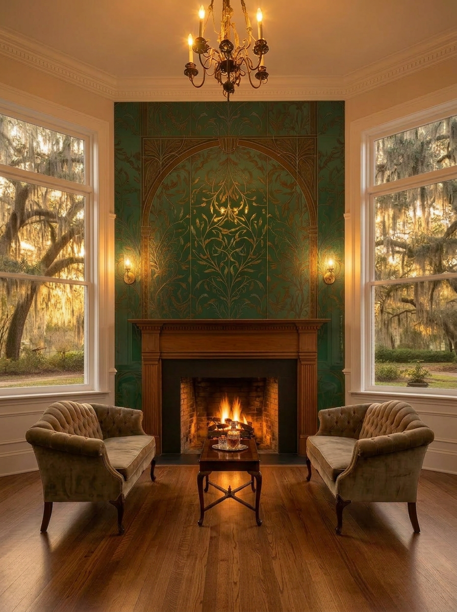Tallahassee canopy-road home interior with a back-painted decorative glass feature wall and warm afternoon light