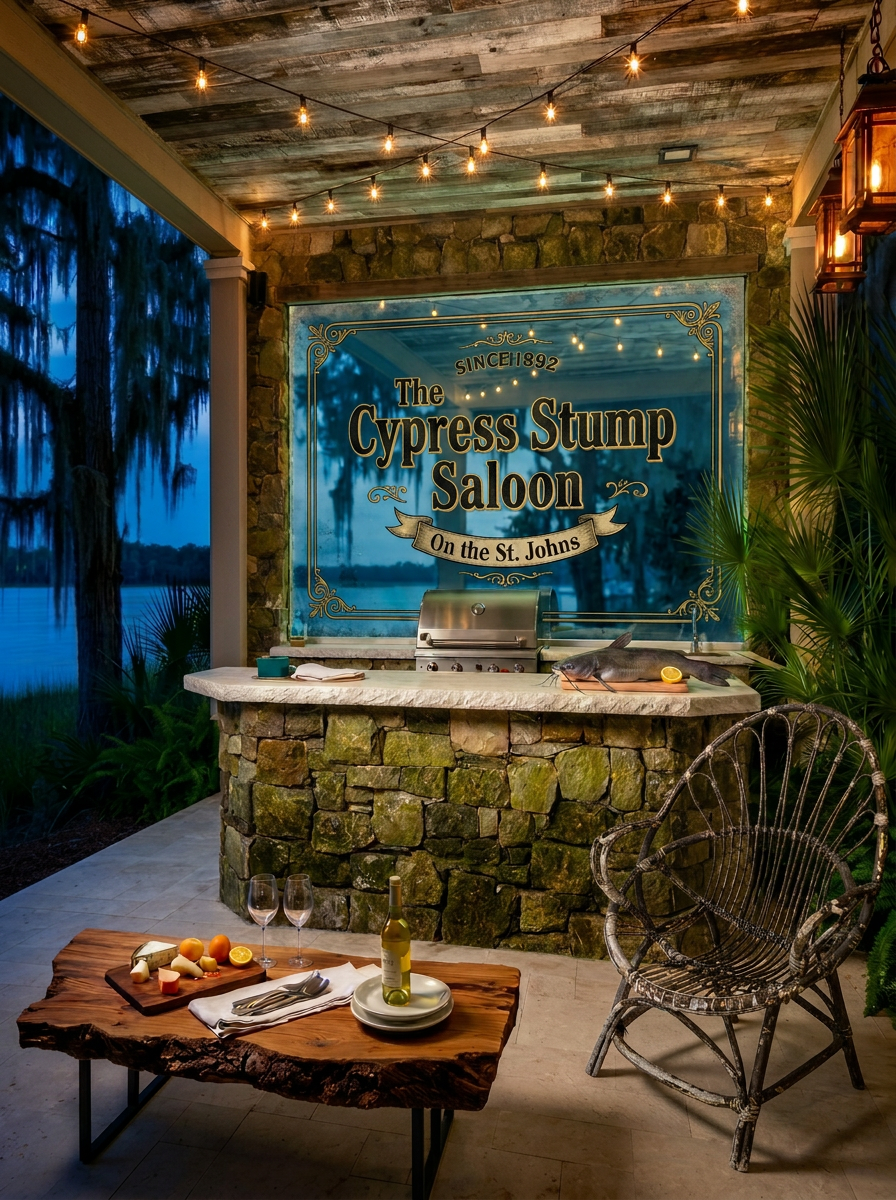 Covered riverfront lanai outdoor kitchen on the St. Johns at dusk with a back-painted decorative glass backsplash behind the grill