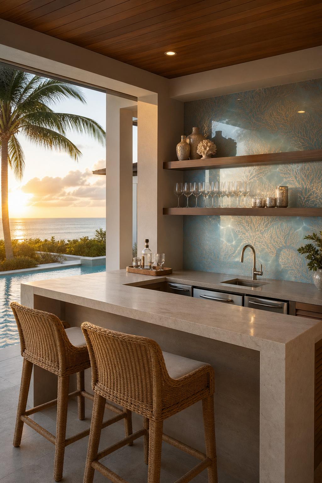Naples covered lanai outdoor wet bar and entertainment area with a back-painted decorative glass backsplash glowing in late afternoon Gulf light