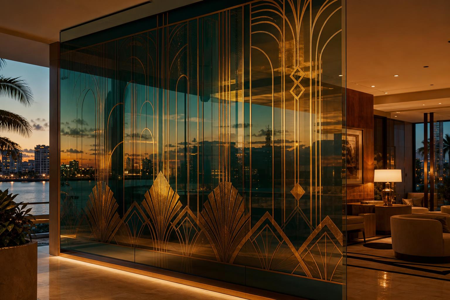 Miami waterfront residence at dusk with a back-painted decorative glass feature wall in mirrored bronze and deep teal