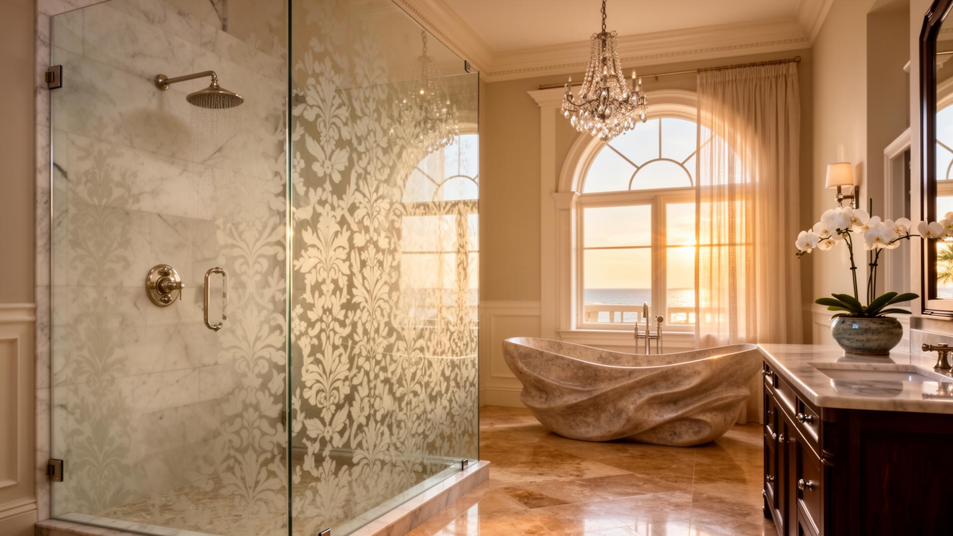 Naples luxury master bathroom with a frameless walk-in shower enclosure featuring a back-painted decorative glass pattern, sculpted stone soaking tub, and Gulf view at sunrise