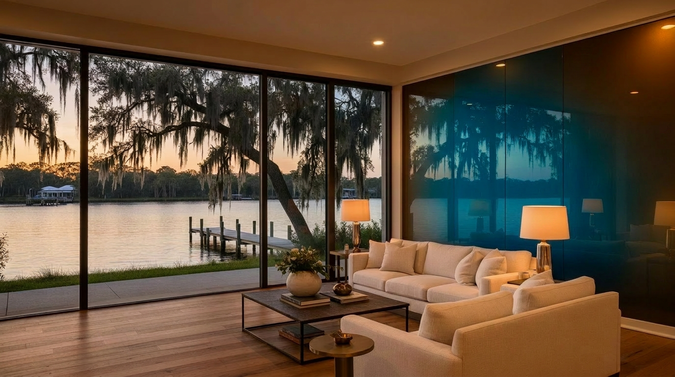 Jacksonville riverfront great room with a back-painted decorative glass feature wall, floor-to-ceiling windows onto the St. Johns River, live oaks at dusk