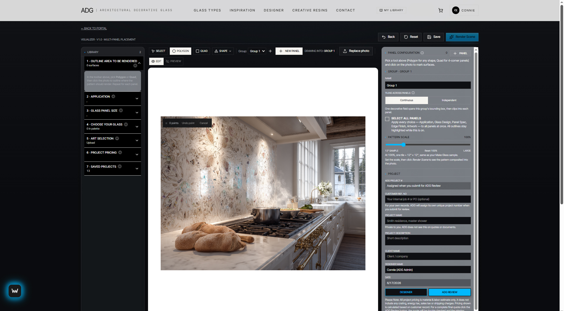 ADG Designer in-browser tool showing a decorative glass backsplash composed over a Naples kitchen scene