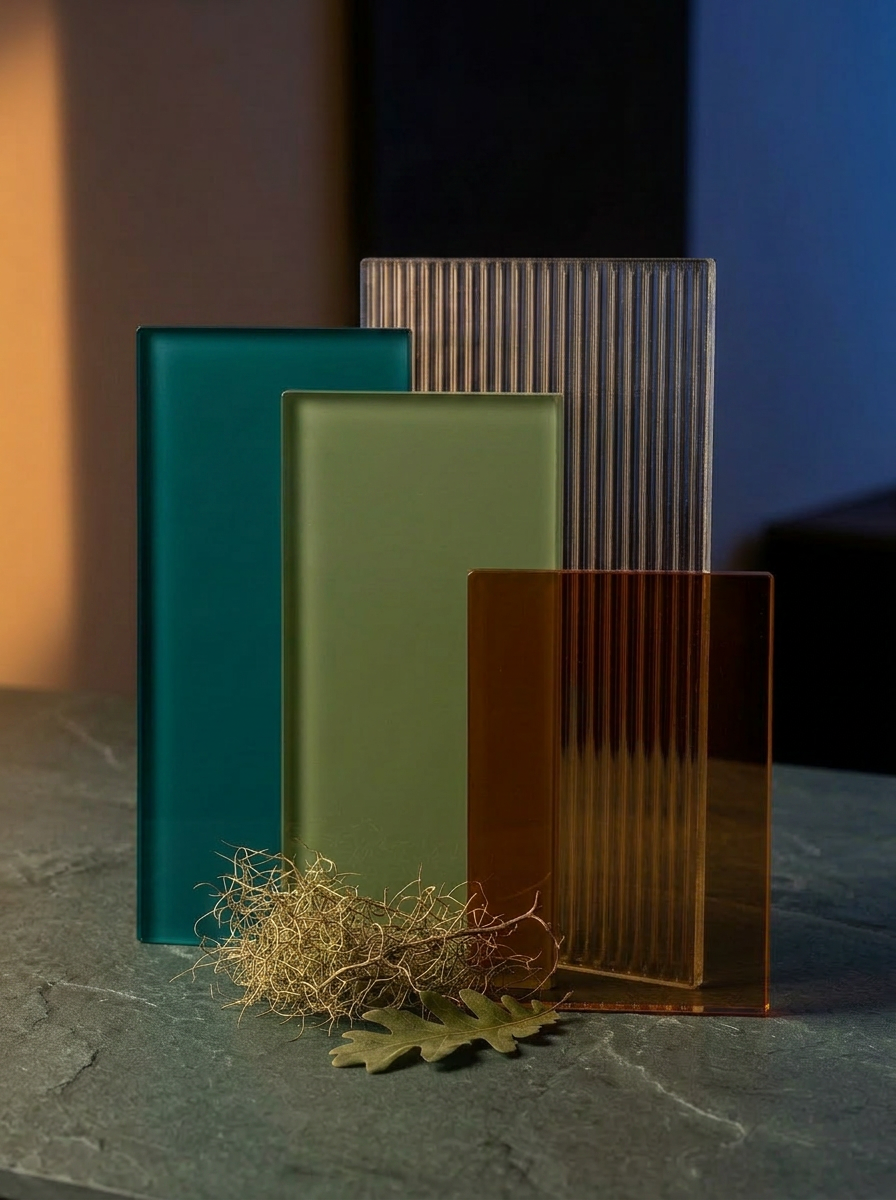 Still life of back-painted decorative glass samples in river teal, oak moss, and amber bronze beside a reeded glass sample