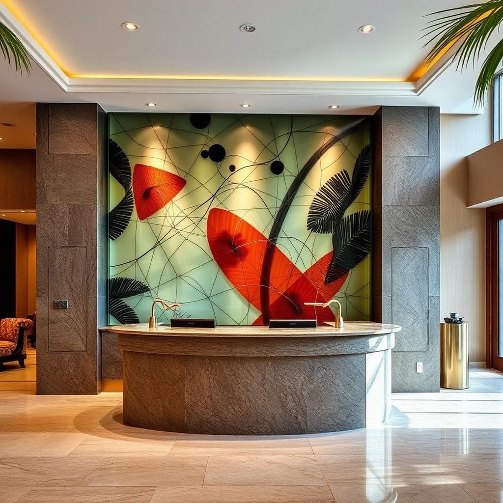 Amelia Island luxury resort spa interior with a printed artistic decorative glass feature wall behind a stone reception desk