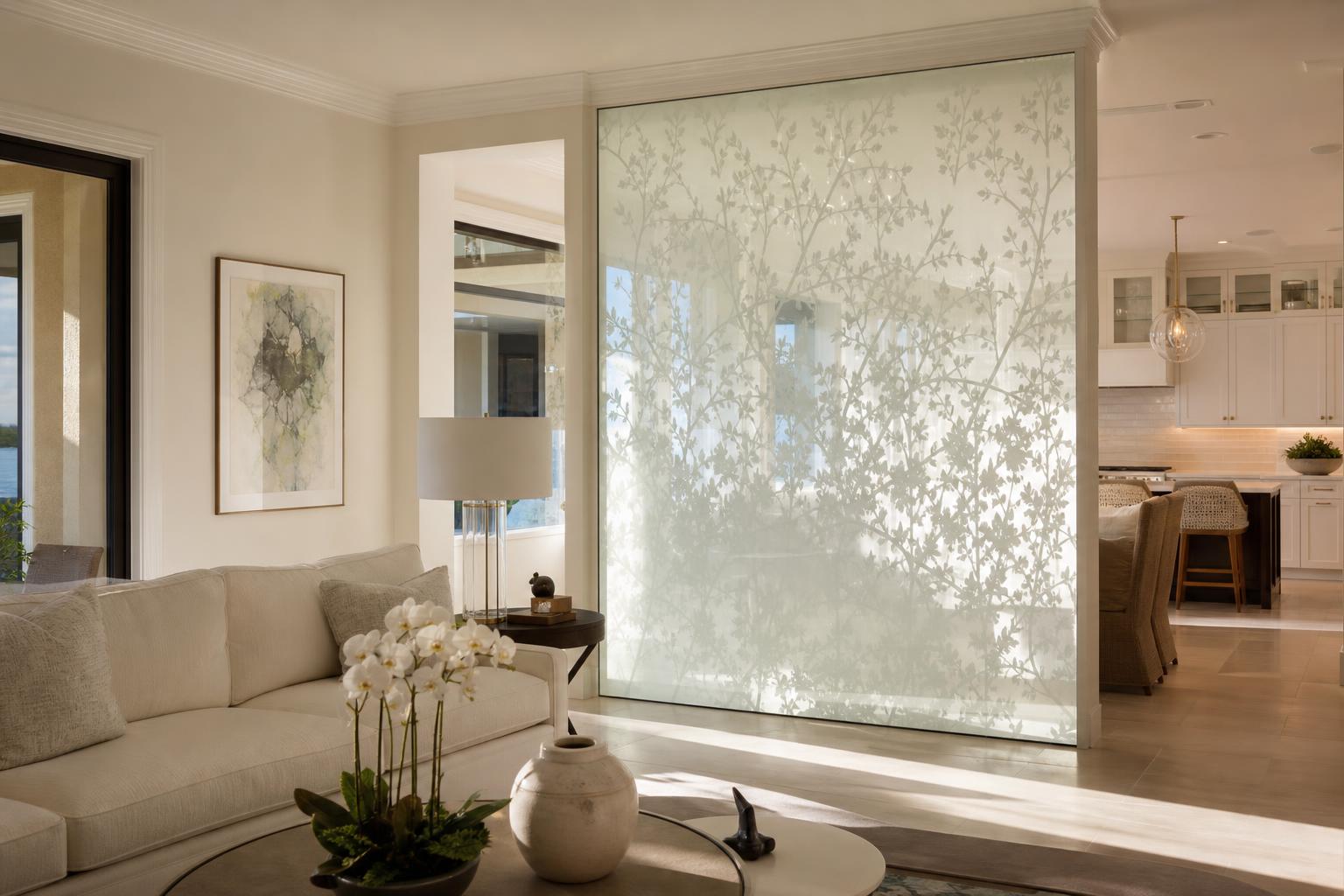 Bonita Bay contemporary great room with a patterned decorative glass partition dividing living space, abundant natural light