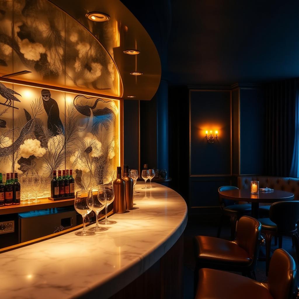 Boutique hotel bar with an artistic printed decorative glass back-bar wall and warm brass accents