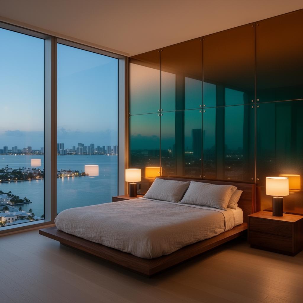 Brickell tower bedroom at dusk with a mirror-finished back-painted decorative glass feature wall in bronze and deep teal behind a low platform bed, Biscayne Bay visible through floor-to-ceiling windows