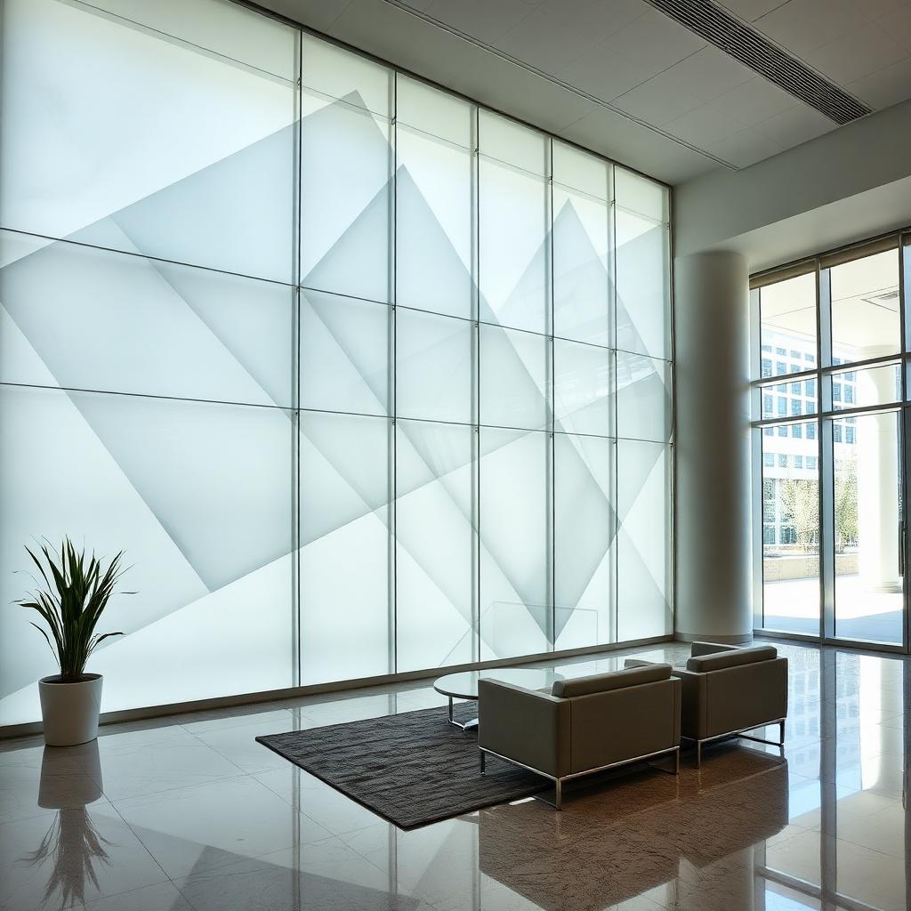 Jacksonville downtown corporate office lobby with a large abstract printed decorative glass mural wall and modern lounge seating
