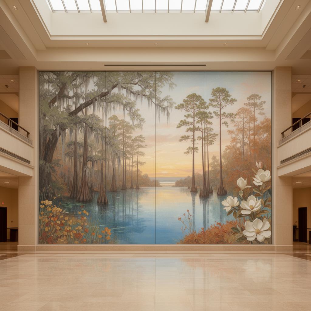 Tallahassee government civic building lobby with a monumental large-panel printed decorative glass mural wall depicting a painterly collage of North Florida's natural diversity – canopy live oaks, Spanish moss, longleaf pines, cypress and spring water, magnolia and wildflowers – over a polished travertine floor