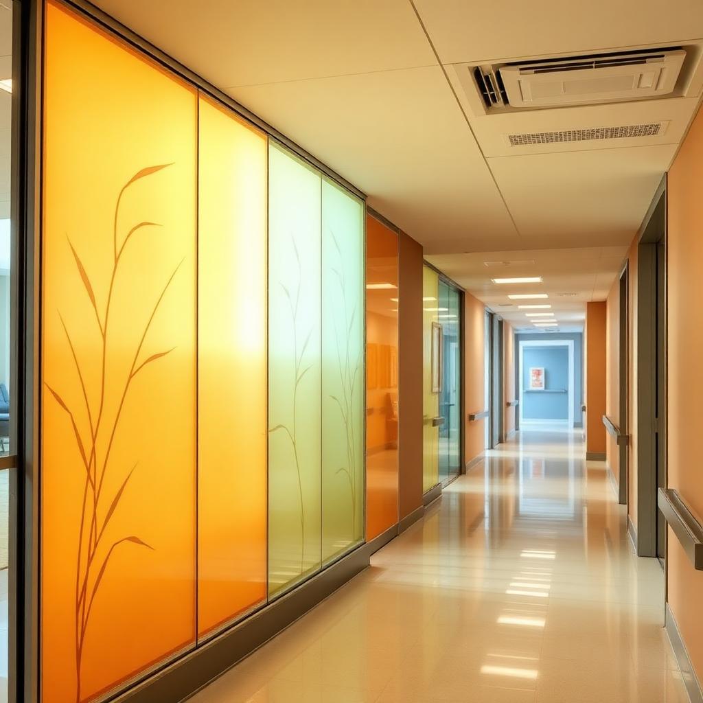 Modern healthcare facility patient corridor with calming warm-toned back-painted decorative glass wall panels