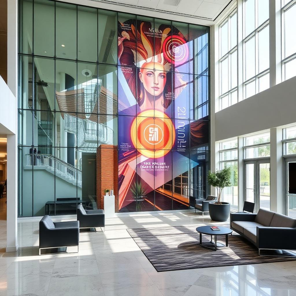 Lake Nona tech campus lobby with a large printed decorative glass feature wall and branded artwork