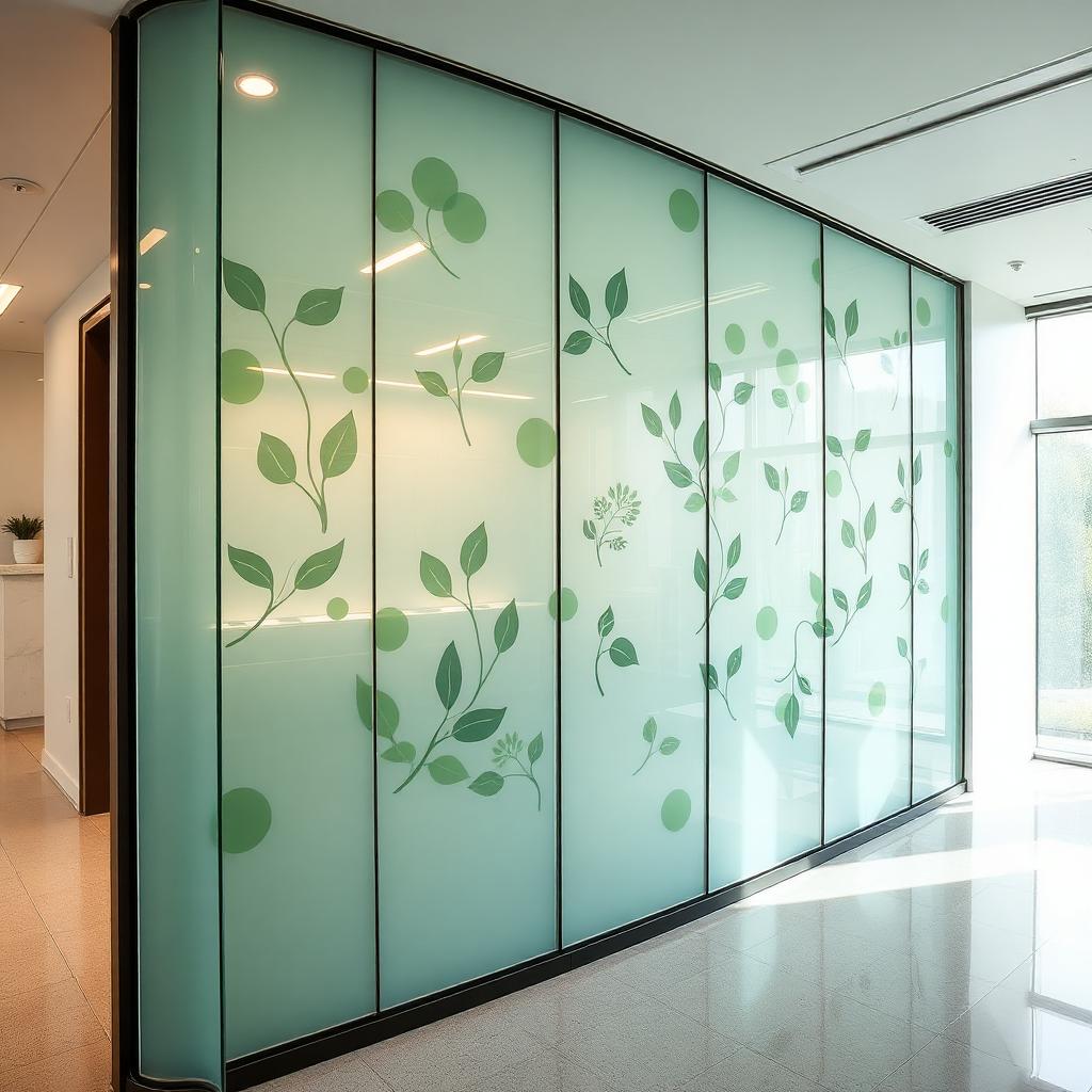 Modern medical wellness facility with a printed decorative glass wall featuring calming organic patterns as wayfinding