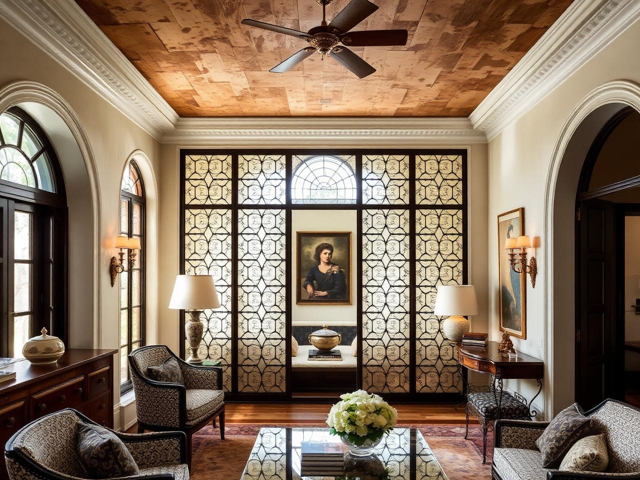 Mediterranean-Revival Palm Beach estate interior with a patterned antique-mirror decorative glass partition, old plaster walls and pecky cypress ceiling