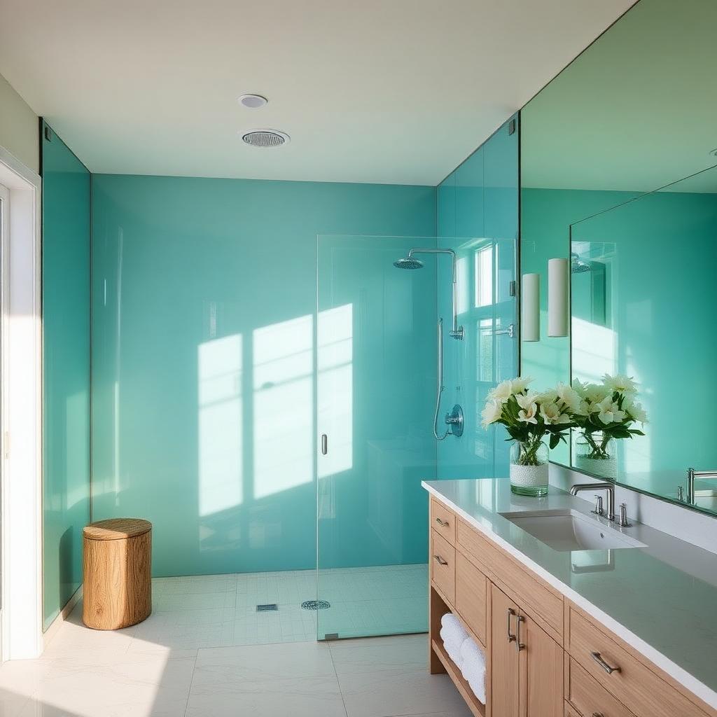 Ponte Vedra Beach coastal home master bathroom with a coastal-blue back-painted decorative glass shower wall amplifying natural light