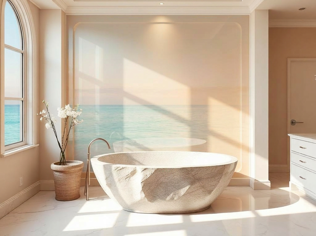 Port Royal Naples spa-grade master bathroom with a soft-sheen back-painted decorative glass feature wall behind a freestanding stone tub