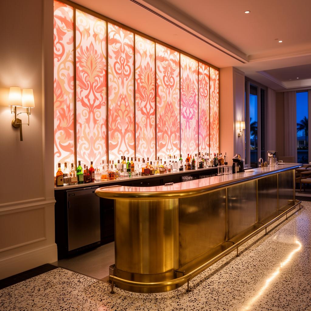 South Beach hotel back-bar with a printed decorative glass wall in saturated coral and ivory pattern, brass-trimmed bar, and polished terrazzo floor