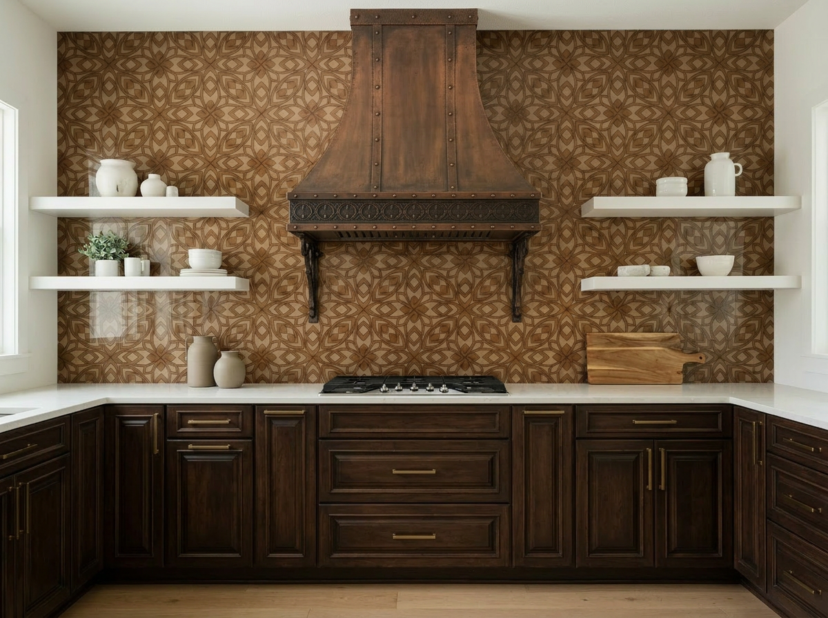SouthWood Tallahassee kitchen with a full-wall printed decorative glass backsplash in a warm brown geometric medallion pattern, dark old-world walnut cabinets, quartz counters, and a vintage aged-copper range hood