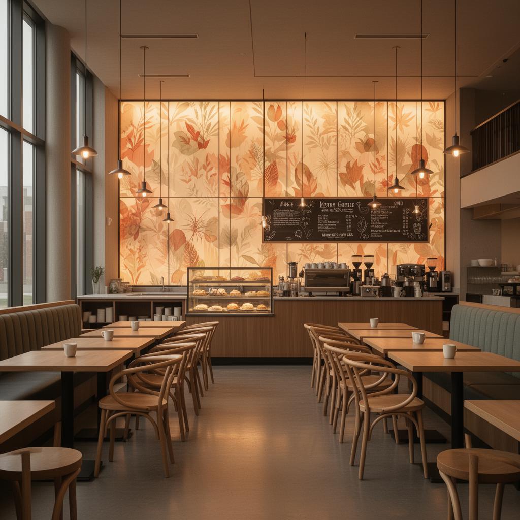 University student canteen and community hangout with a large backlit printed decorative glass feature wall in warm botanical tones behind a campus coffee bar, communal wood tables, banquette seating and warm pendant lighting