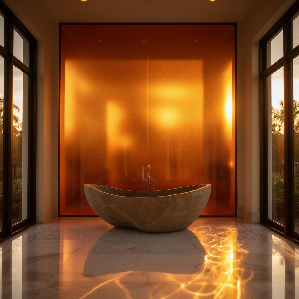 Winter Park luxury primary bath with a monolithic back-painted decorative glass feature wall behind a freestanding stone tub