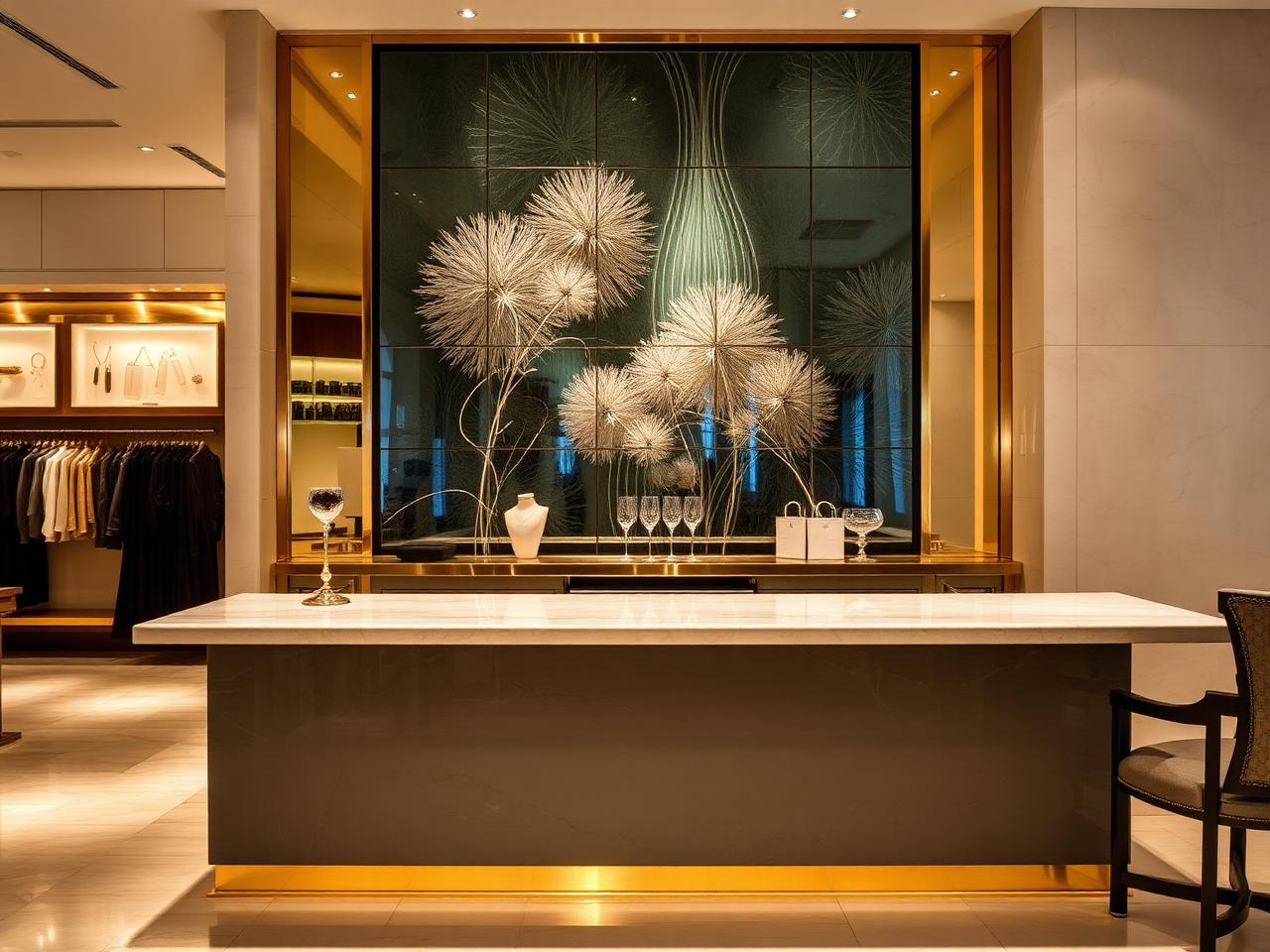 Worth Avenue boutique bar with a printed back-painted decorative glass wall, polished travertine and brass details